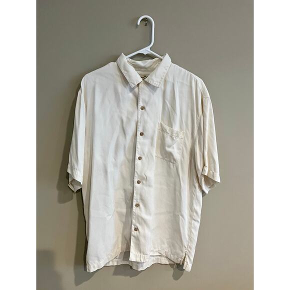 Vintage Tommy Bahama Polo Shirt 100% Silk Button Up Ivory Beige Men's Medium - Picture 1 of 6